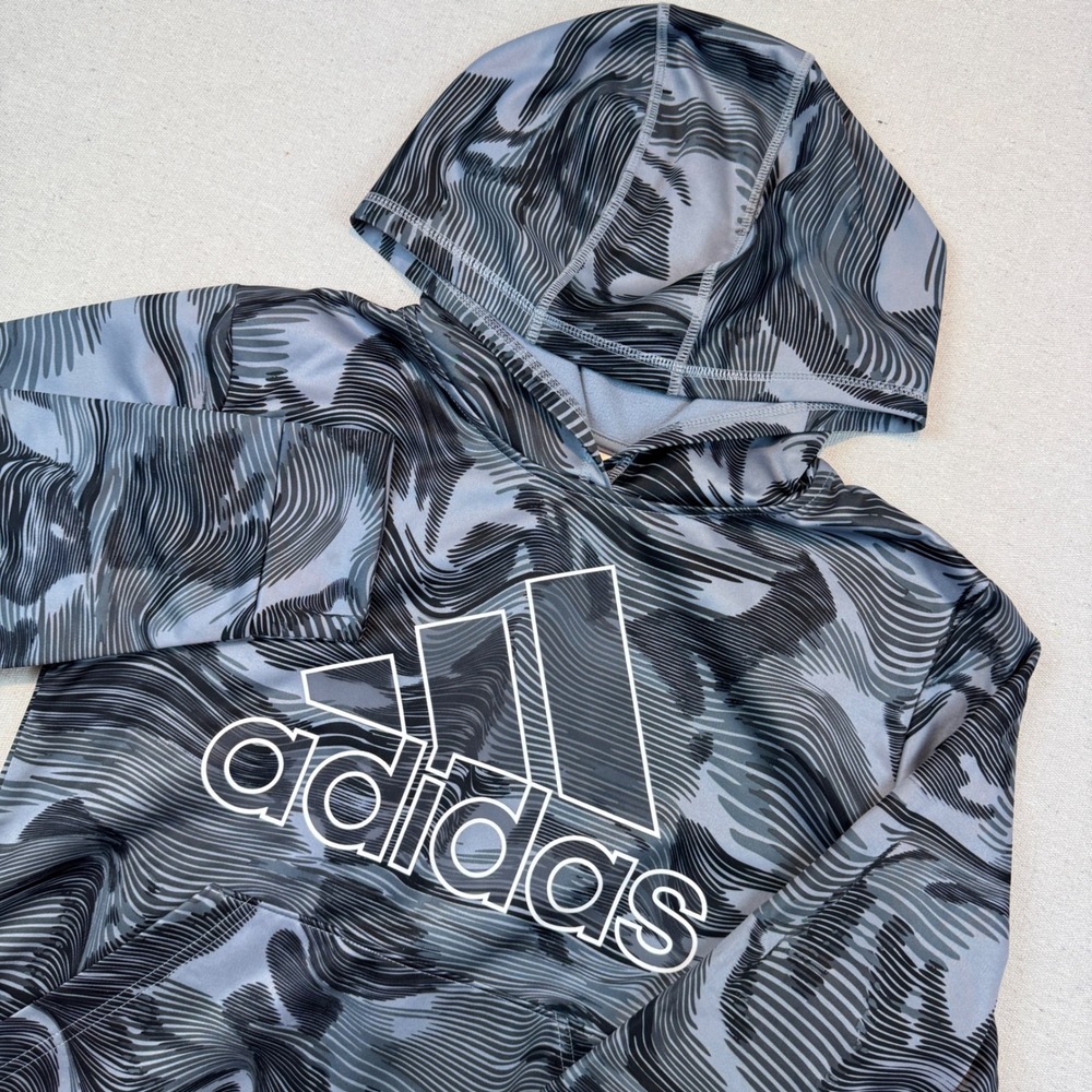 Adidas Large 14/16 Hoodie Kids Grey Black Topographic Wave Logo Pullover